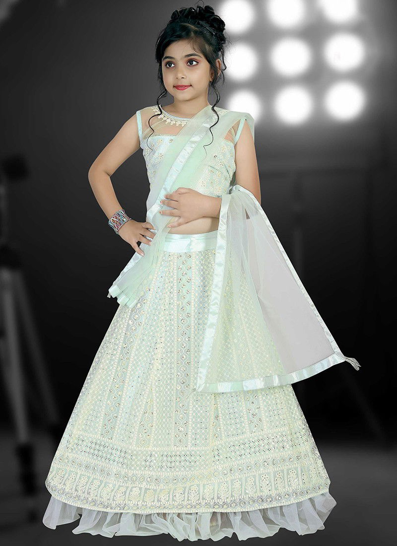 Light Green Colour Latest Fancy Designer Party Wedding Wear Net With Lucknowi Work Kids Wear Girls Lehnga Choli Collection 122